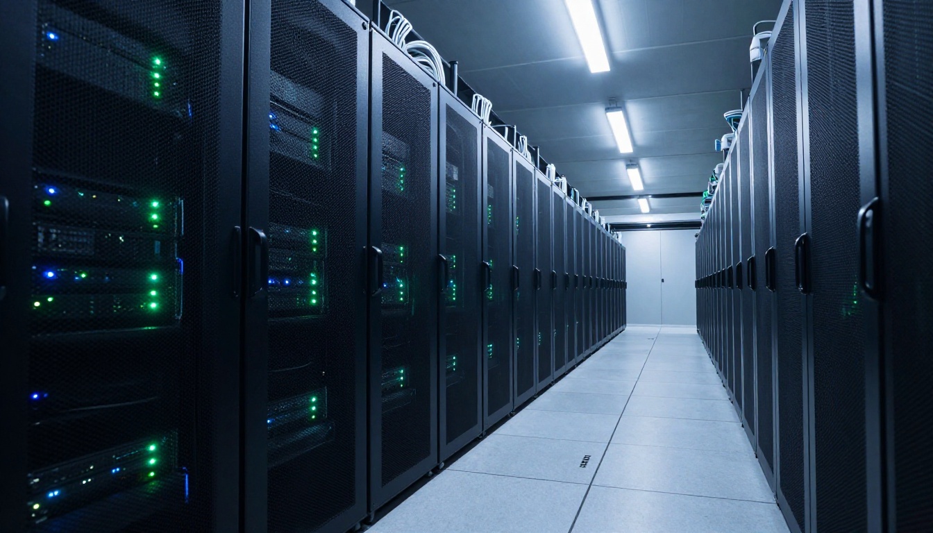 Data center server corridor with rows of server racks and blinking status lights in cool blue lighting Data center server corridor with rows of server racks and blinking status lights in cool blue lighting