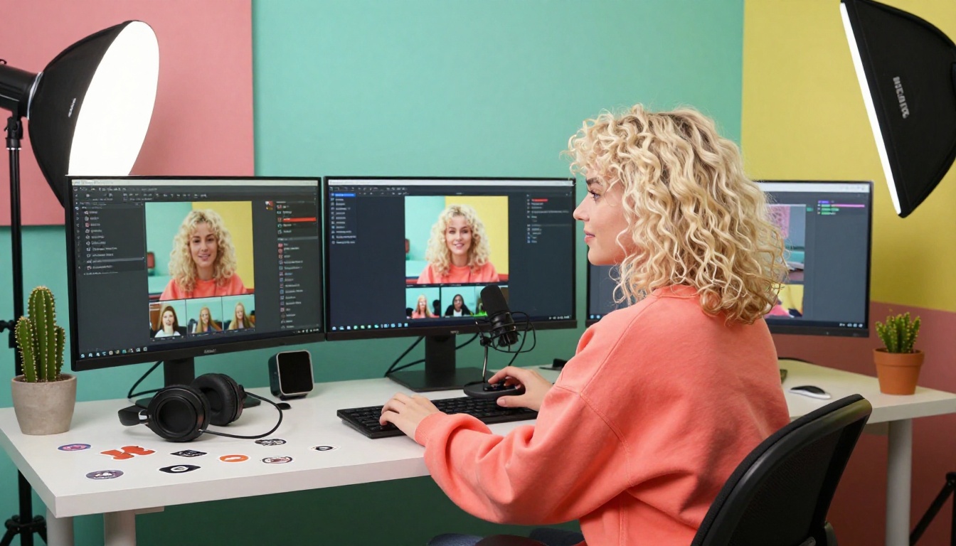 A female content creator at a colorful home studio with multiple monitors showing video content dashboards A female content creator at a colorful home studio with multiple monitors showing video content dashboards