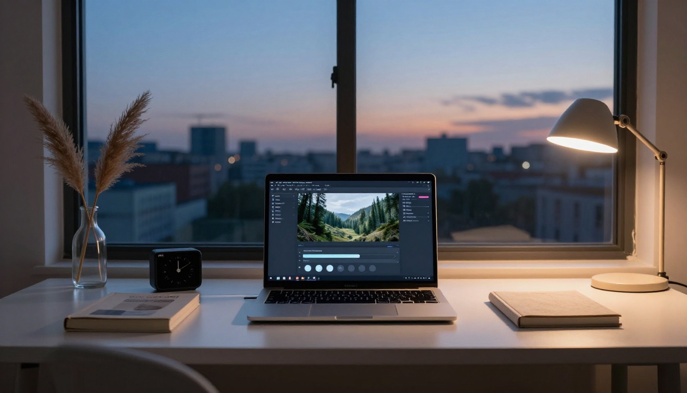 A minimal home office desk at dusk with a laptop showing an AI video generation interface A minimal home office desk at dusk with a laptop showing an AI video generation interface