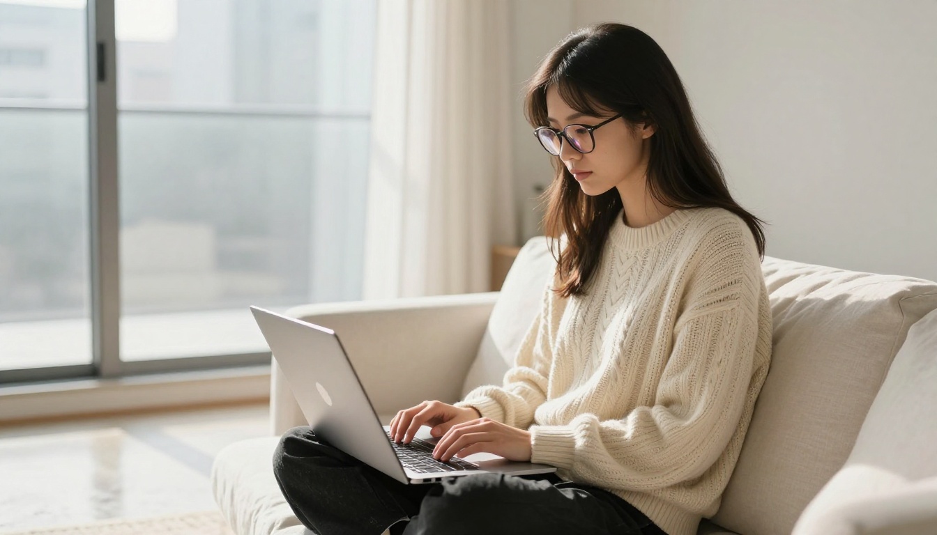 A woman writing prompts on a laptop in a sunlit minimalist apartment