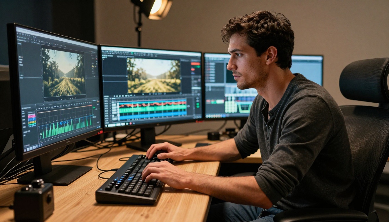 Videographer reviewing cinematic footage on a professional editing monitor