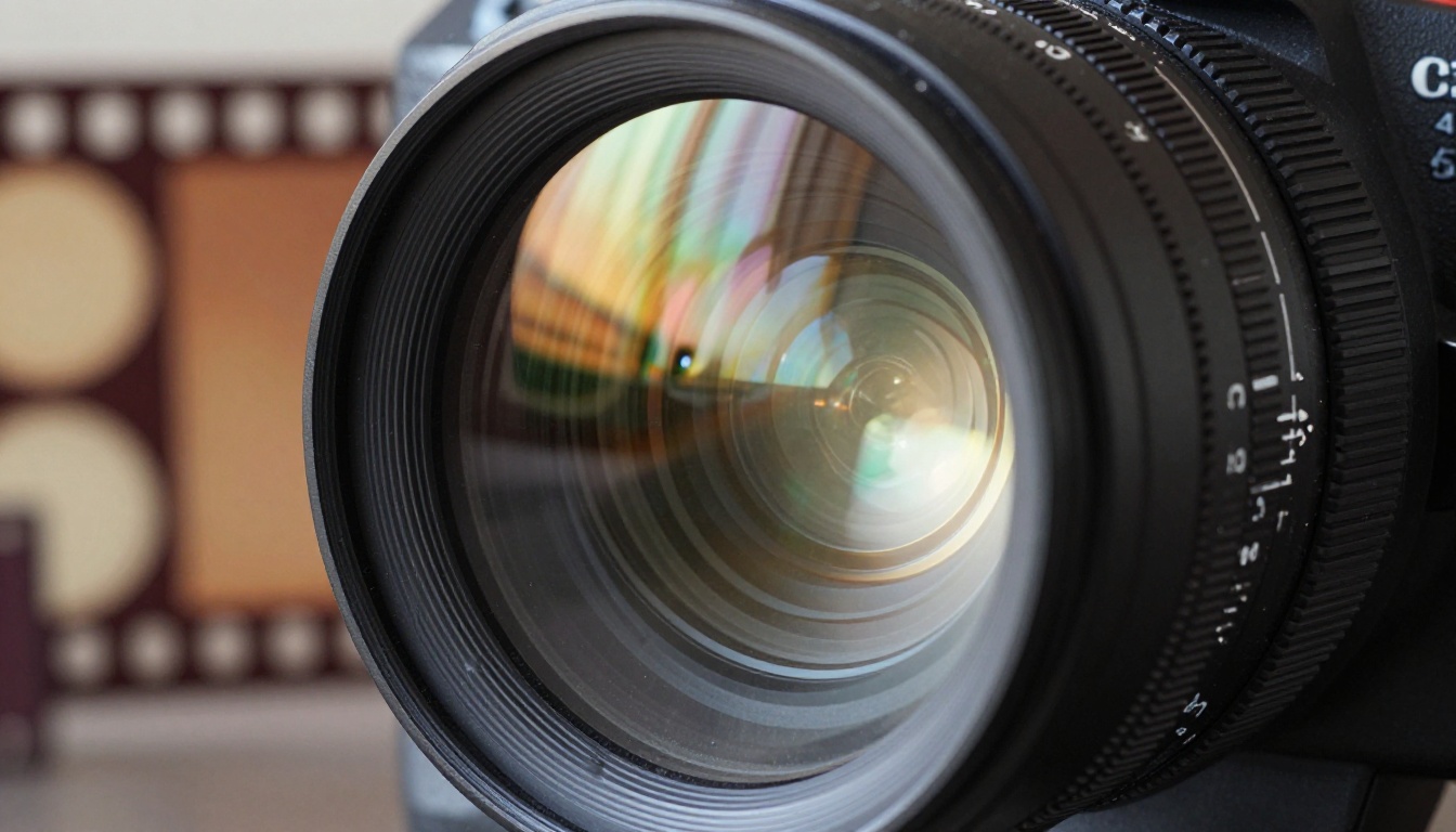 Close-up macro shot of a professional cinema anamorphic lens