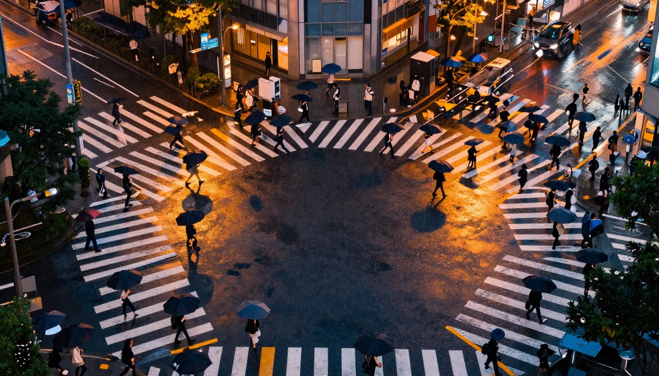 Aerial view of Tokyo street intersection at blue hour with commuters and umbrellas
