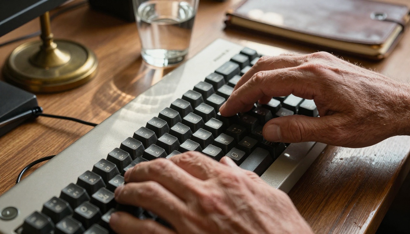 Close-up of weathered hands typing on a vintage mechanical keyboard