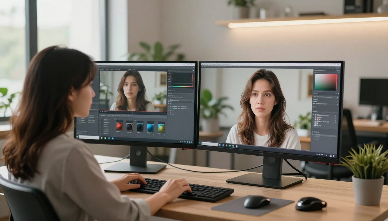 Content creator reviewing AI video footage at dual monitor workstation