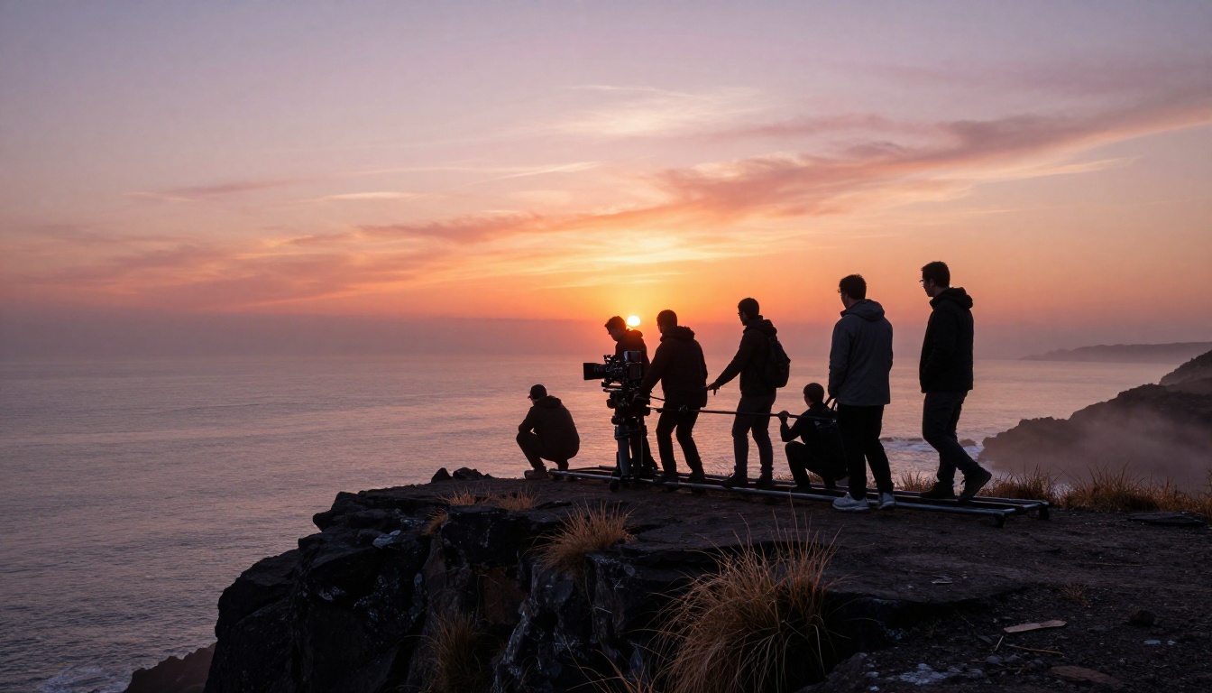 Film crew silhouetted on a coastal cliff at sunrise during production