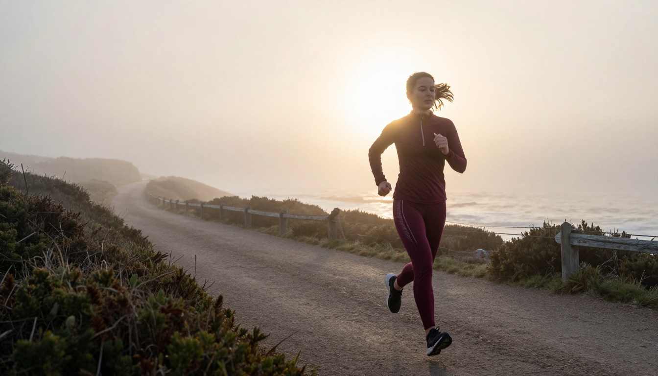 A woman jogging along a foggy coastal path at dawn with volumetric golden light