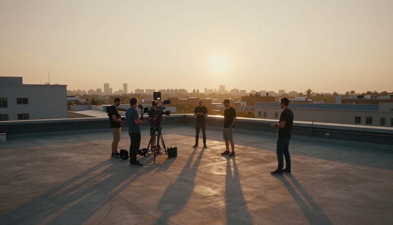 Aerial view of professional film production set at golden hour