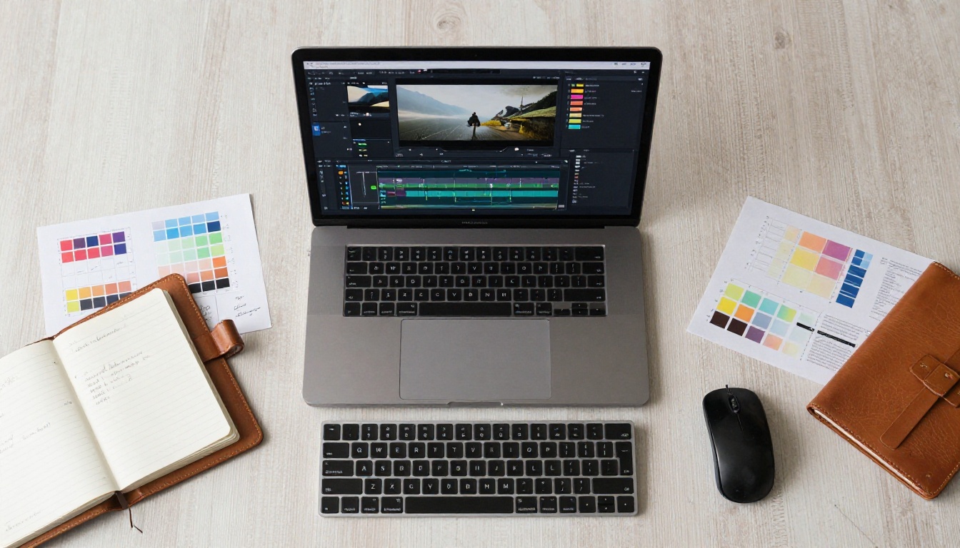 Aerial view of a content creator's workspace with video editing setup