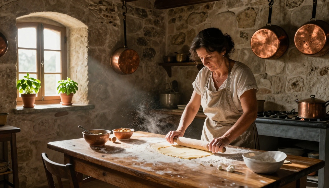 A rustic Italian countryside kitchen with a woman rolling pasta dough in midday light