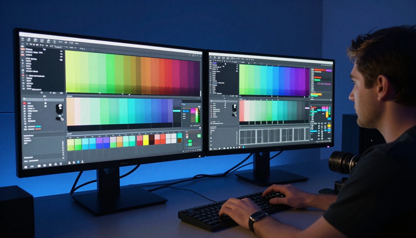 Professional color grading suite with dual reference monitors