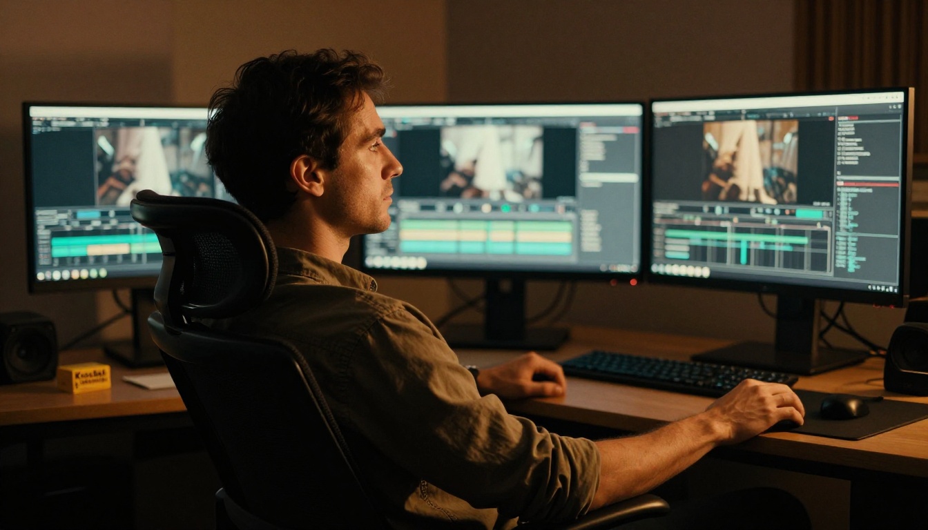 A man watching video rendering in a dark studio with warm monitor glow