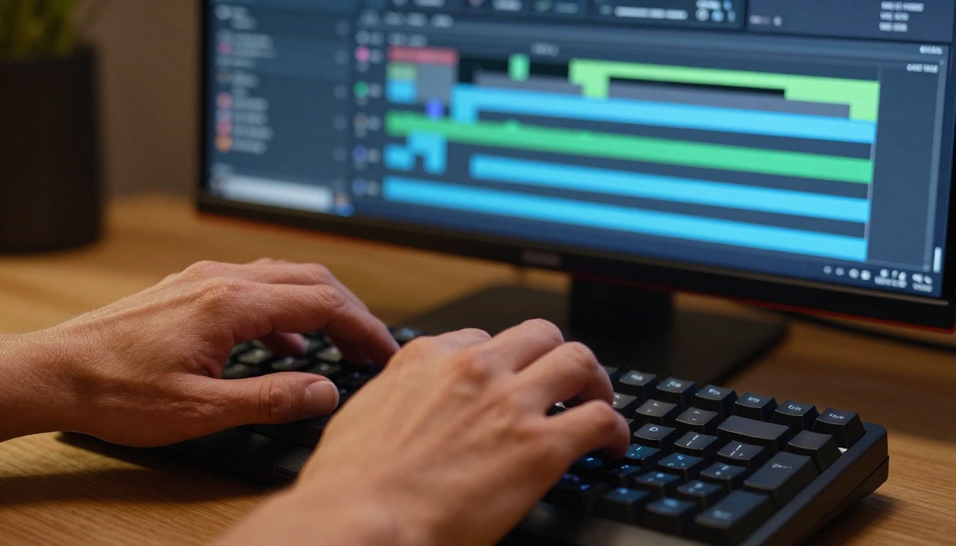 Creative professional hands on keyboard reviewing video timeline on screen