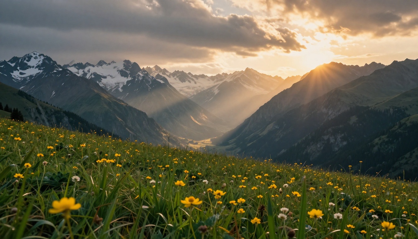 Cinematic mountain landscape at golden hour with wildflower meadow