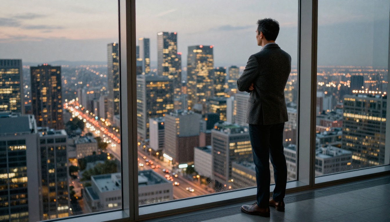 A male architect standing at a floor-to-ceiling office window overlooking a city at dusk