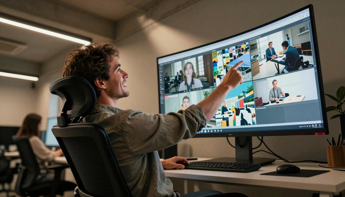 Creative director reviewing video playback in modern office