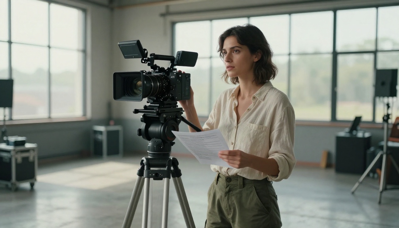 Professional female cinematographer standing beside cinema-grade camera in large studio with natural light