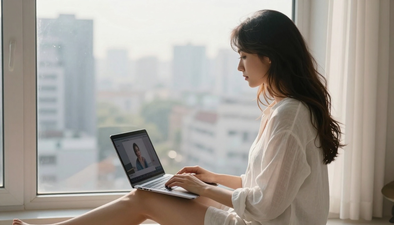 Woman watching AI video previews on a laptop by a sunny window