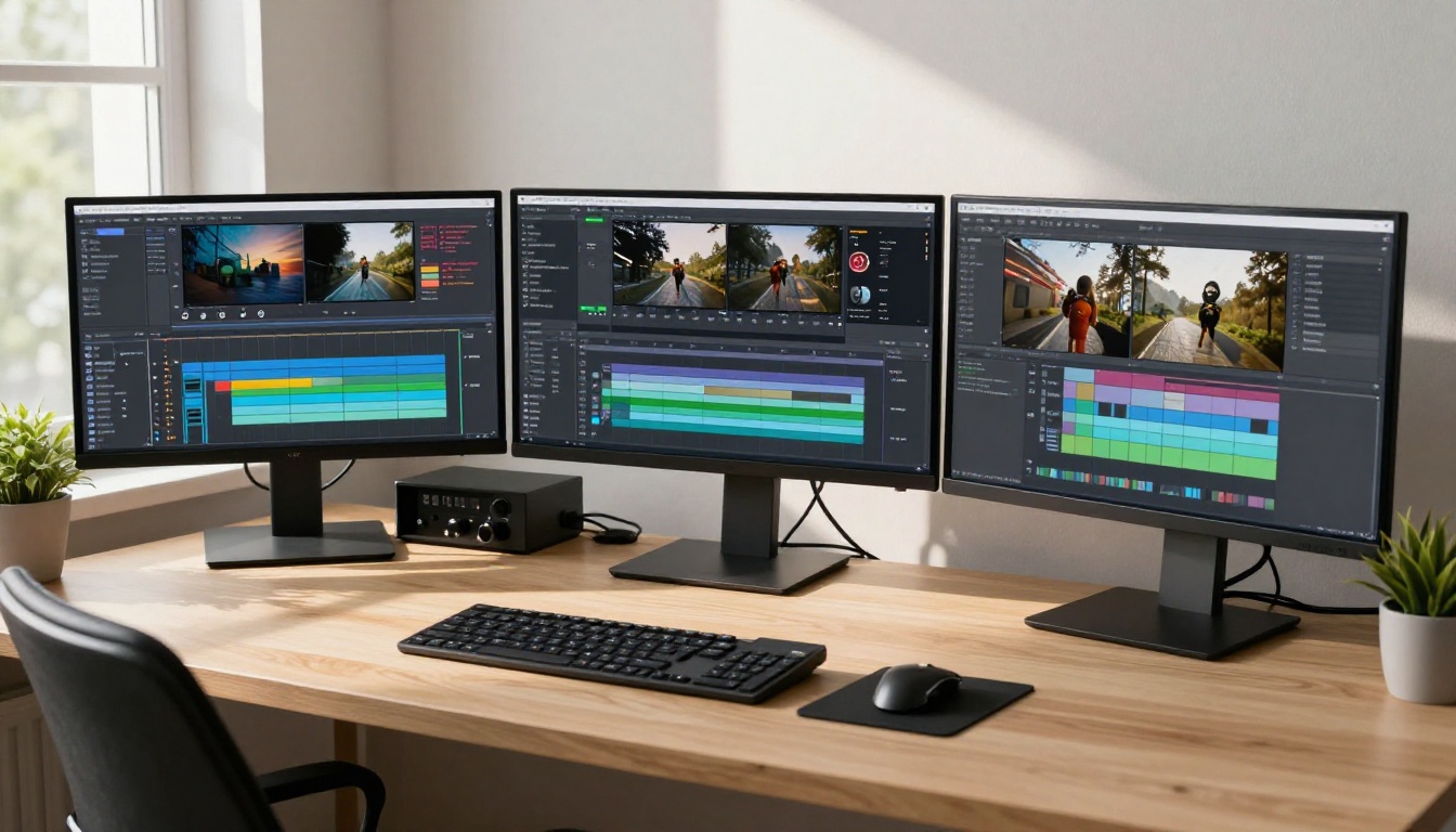 Professional video editing workstation with three monitors
