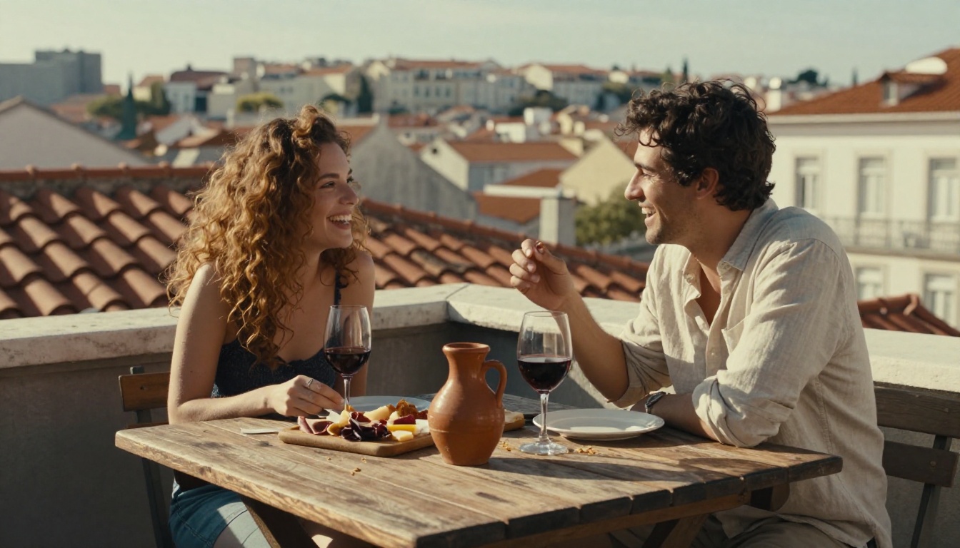 Two friends laughing and sharing food on a sun-drenched Lisbon rooftop terrace