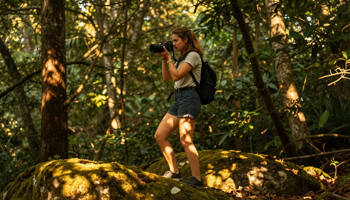 Young woman videographer filming outdoors in forest at golden hour