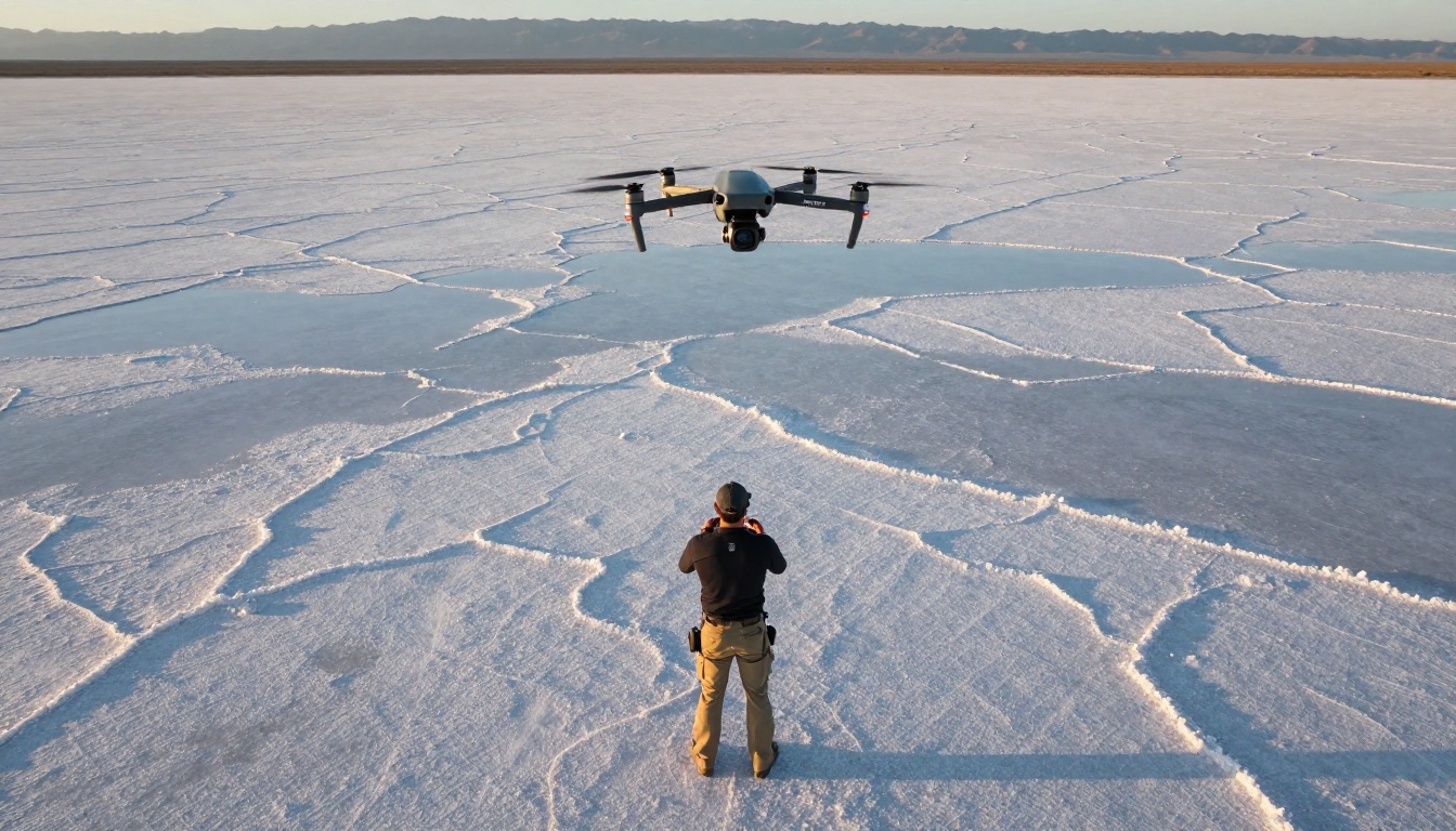 Aerial view of a drone pilot operating a camera drone over salt flats landscape