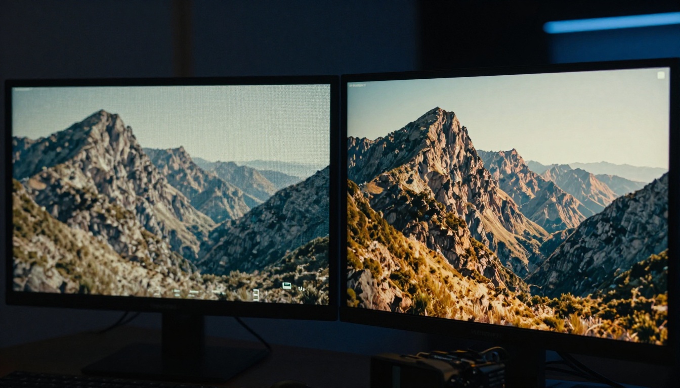 Two monitors side by side showing low quality versus high quality video footage comparison