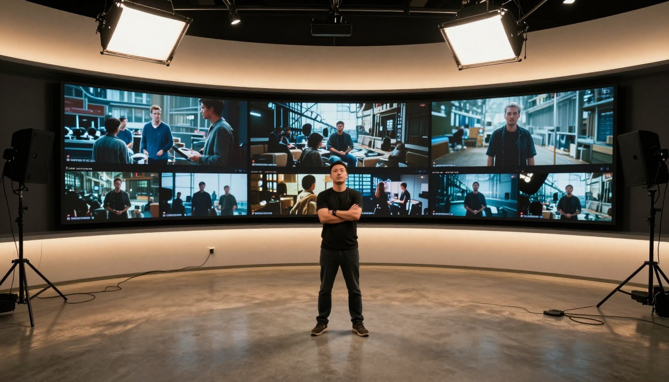 Director standing in a professional video production studio with monitor light