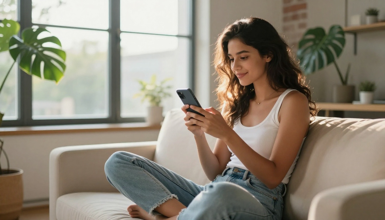 Young woman watching AI-generated video content on a smartphone in a bright modern apartment Young woman watching AI-generated video content on a smartphone in a bright modern apartment