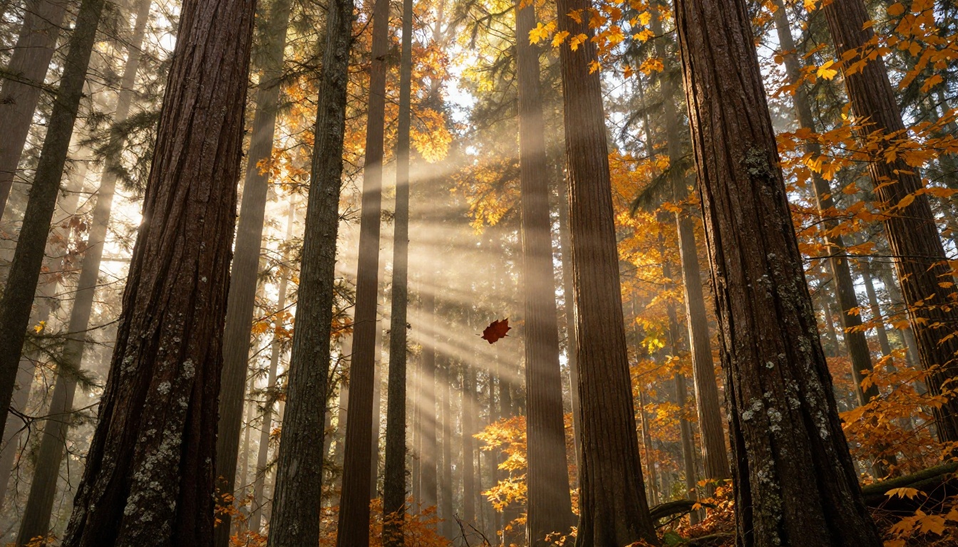 Low-angle view of a Pacific Northwest forest canopy with golden autumn light filtering through