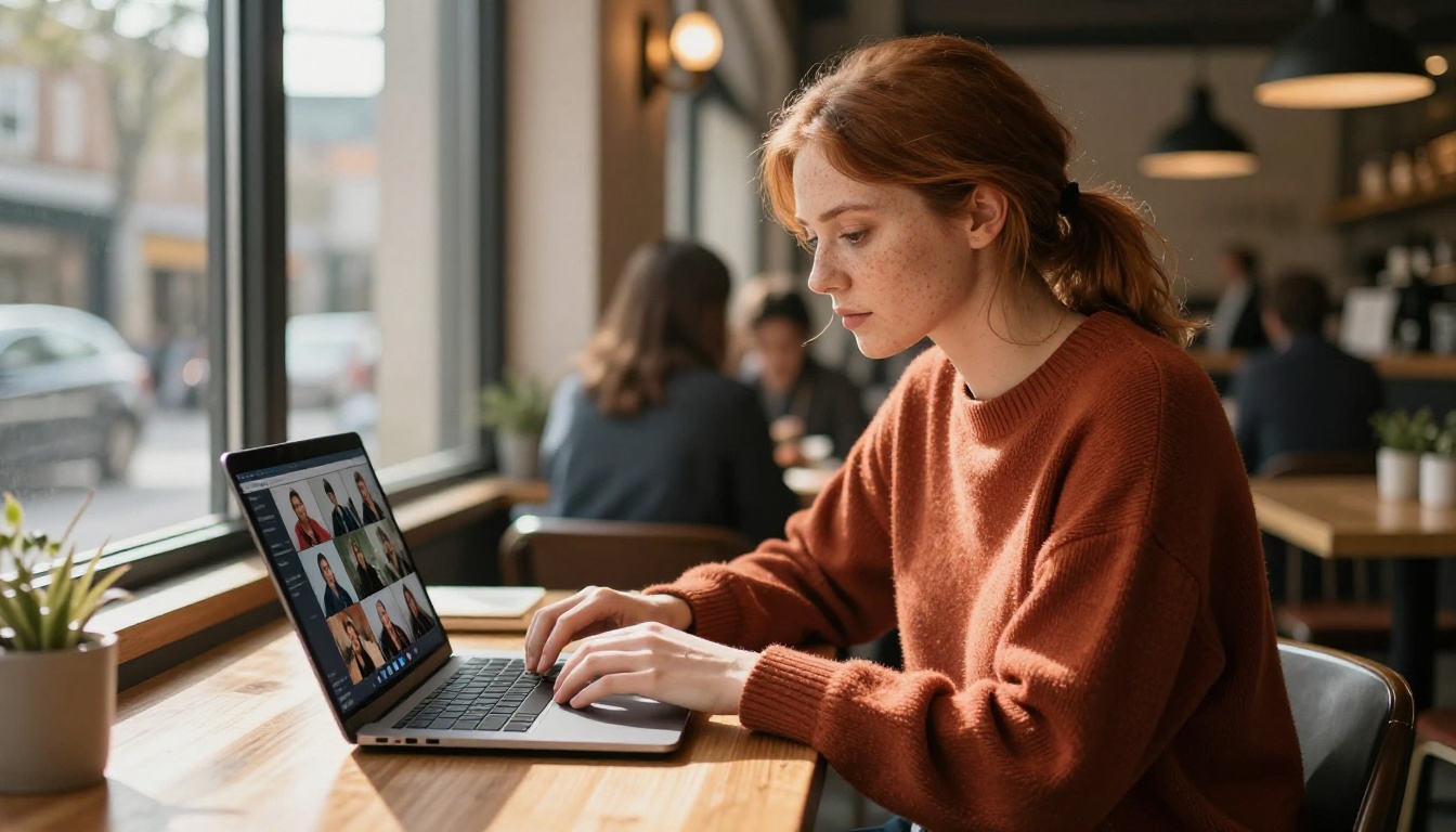 Woman with auburn hair using AI video tools at a sunlit cafe