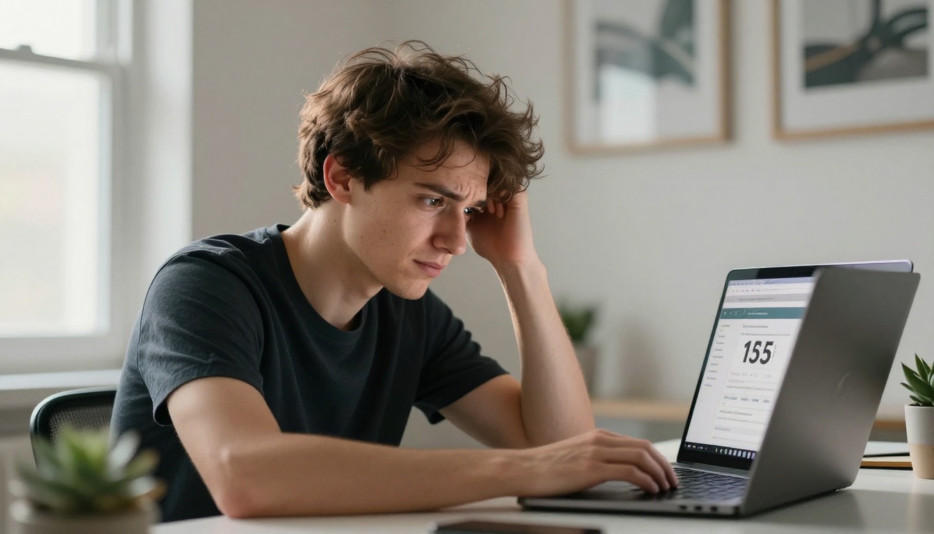Male content creator looking frustrated at laptop showing subscription pricing
