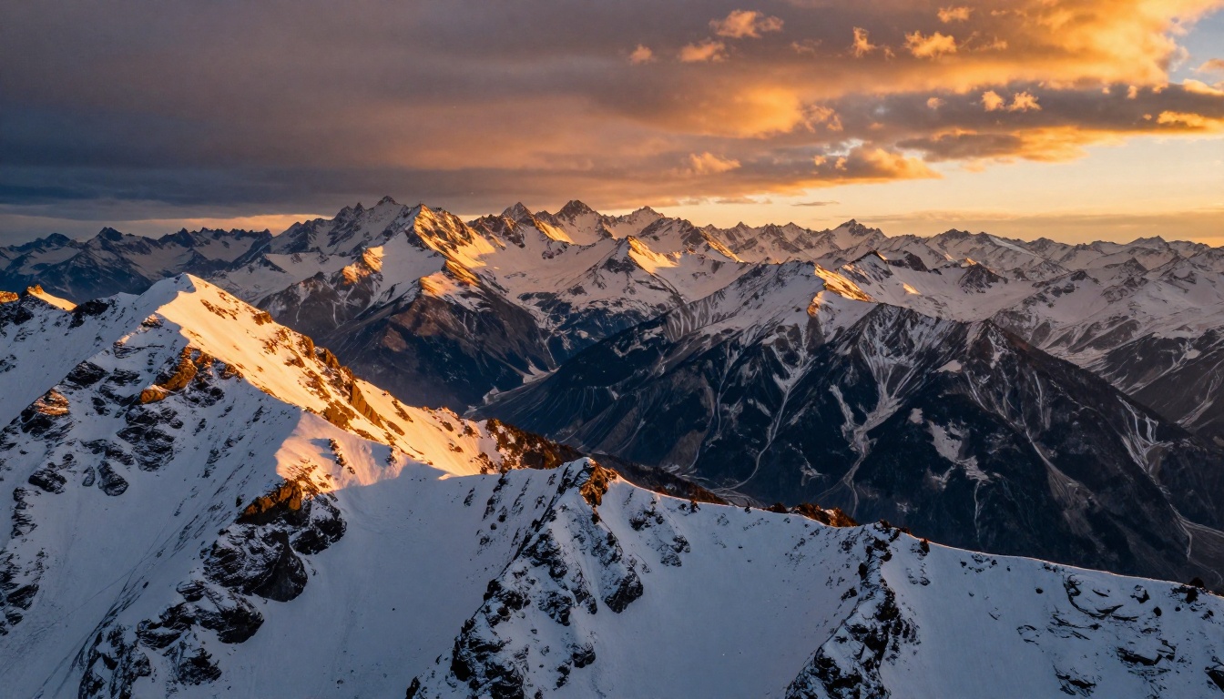 Aerial view of snow-capped mountain peaks at golden hour with dramatic storm clouds