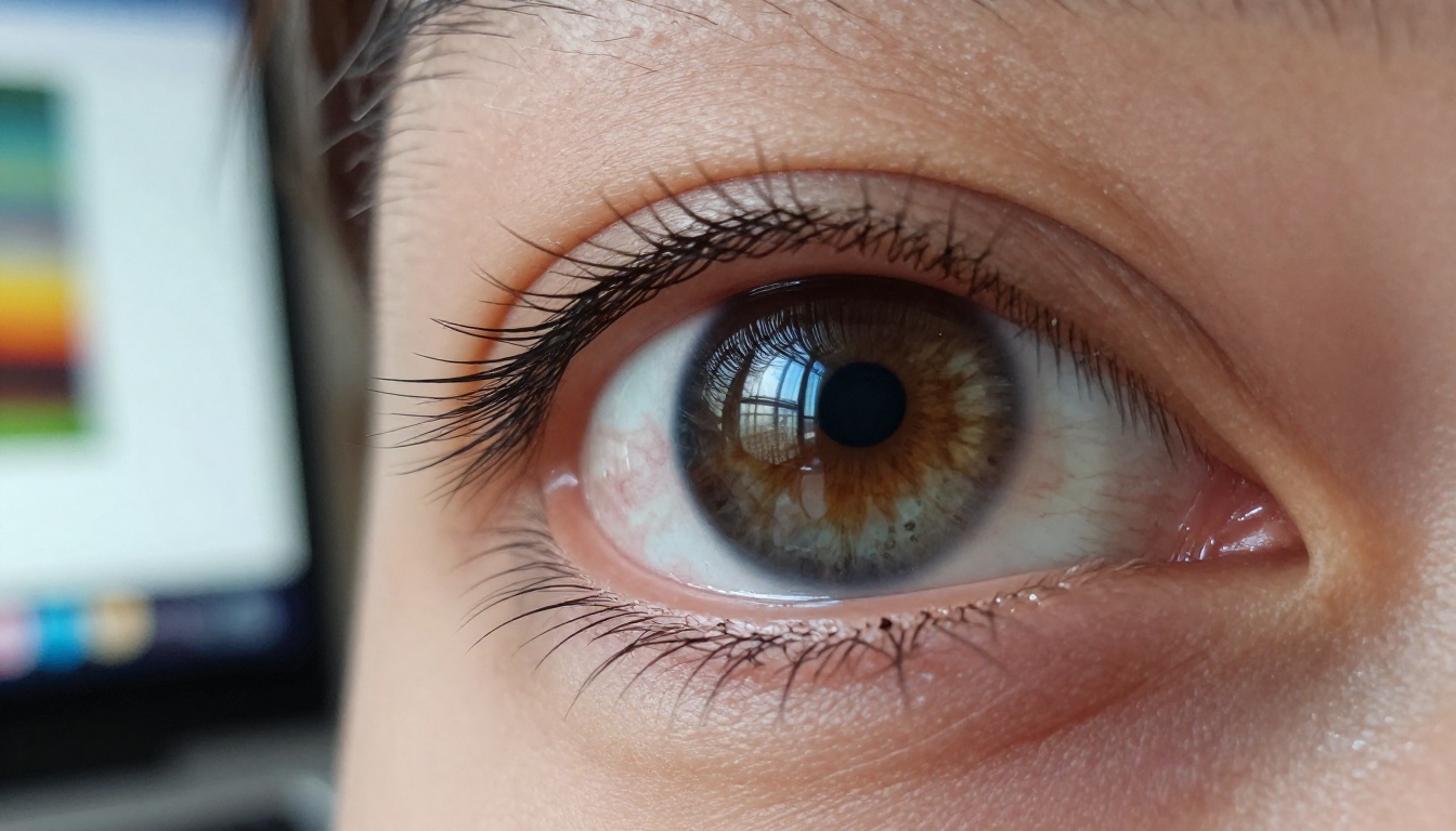 Close-up macro of an eye reflecting colorful AI video playback on a screen