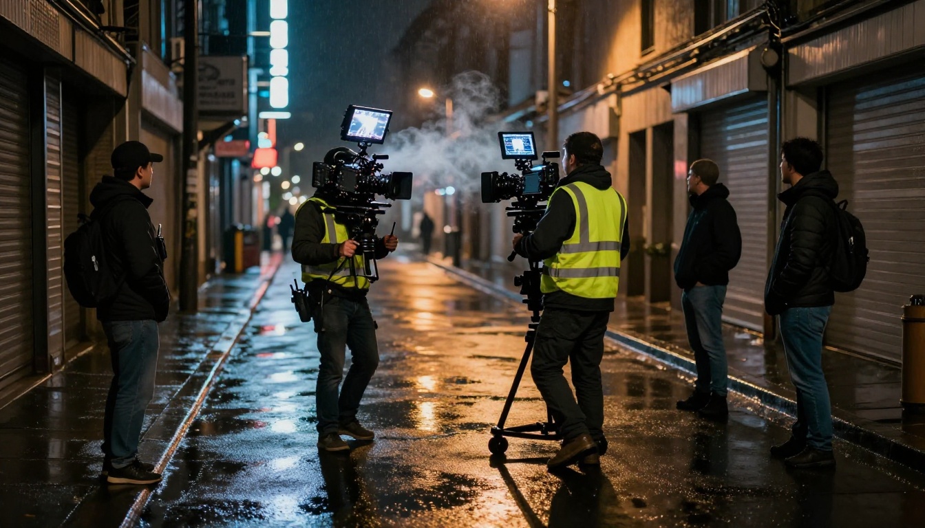 Night film production on a rain-slicked urban street with steadicam operator