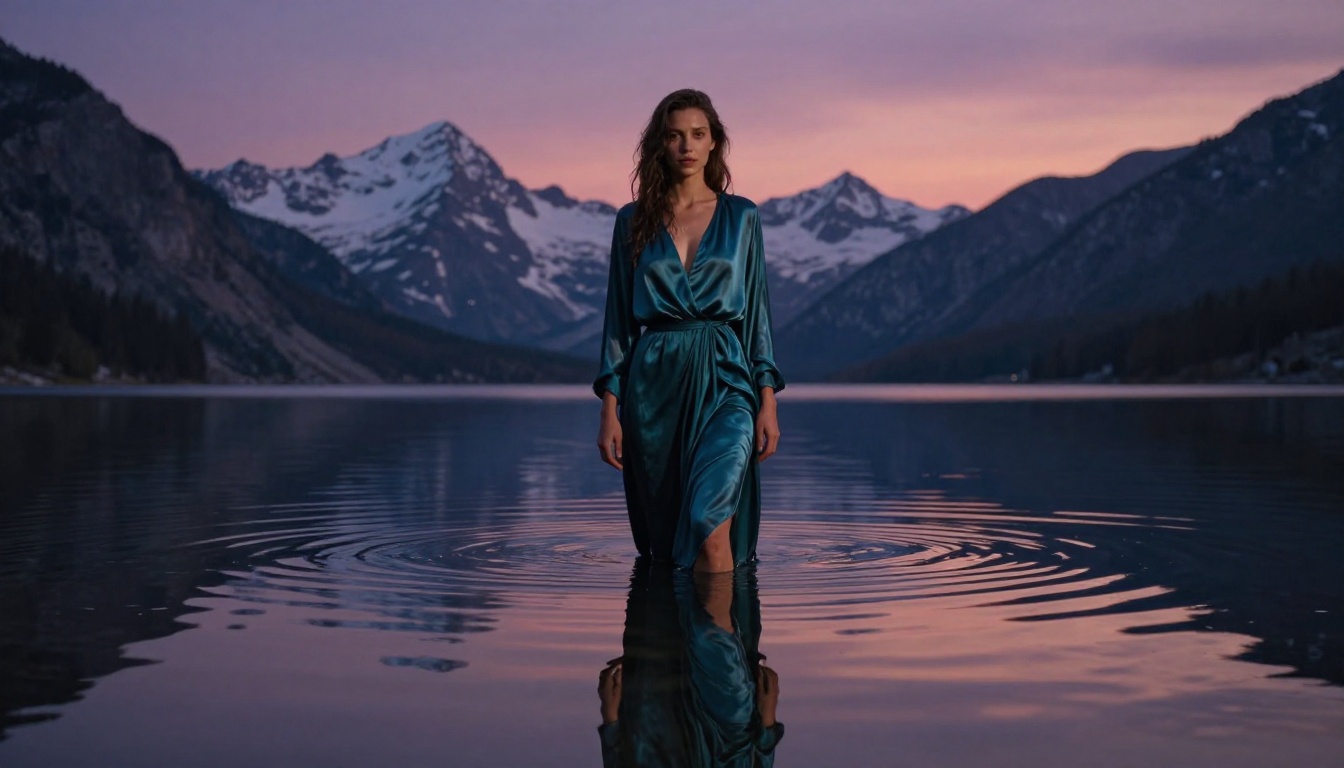 A woman in a teal silk dress standing waist-deep in a still mountain lake at twilight