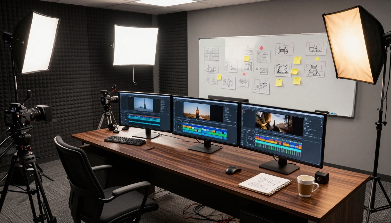Wide angle shot of professional video production studio with multiple monitors cameras and whiteboard