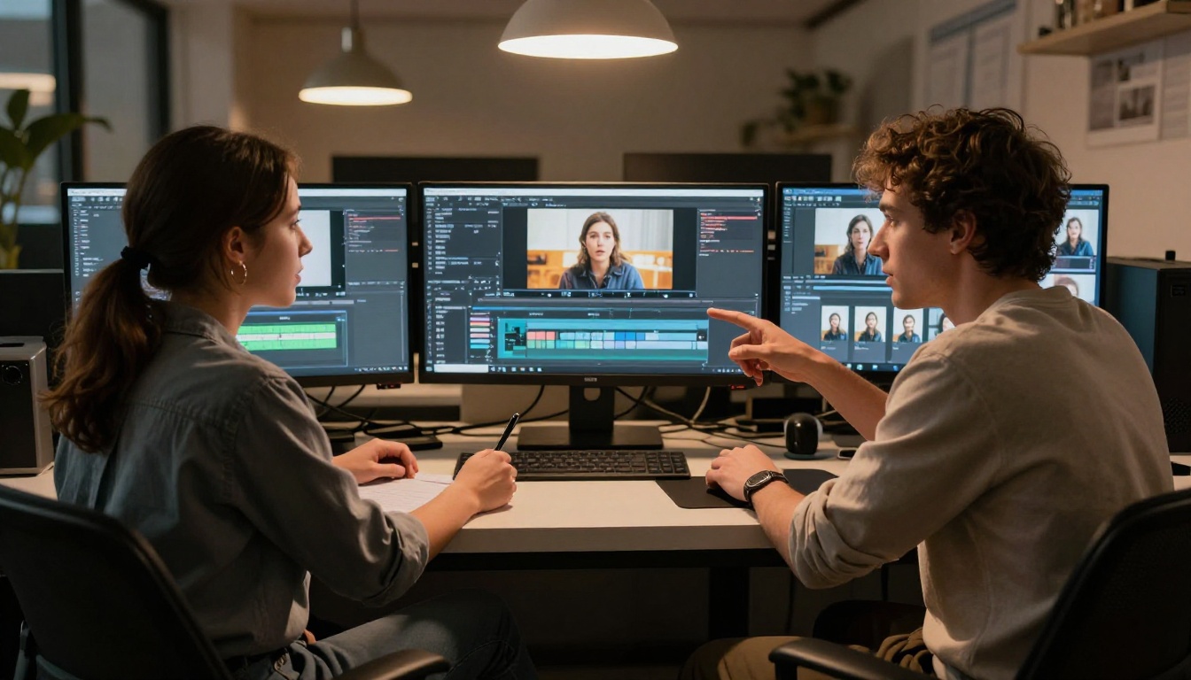 Two creatives reviewing AI-generated video comparison panels on dual monitors