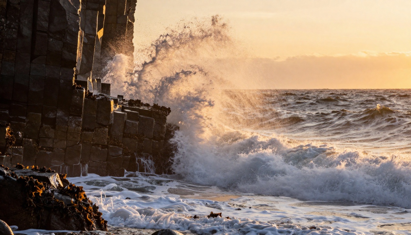 Dramatic ocean waves crashing against ancient basalt sea cliffs at sunset