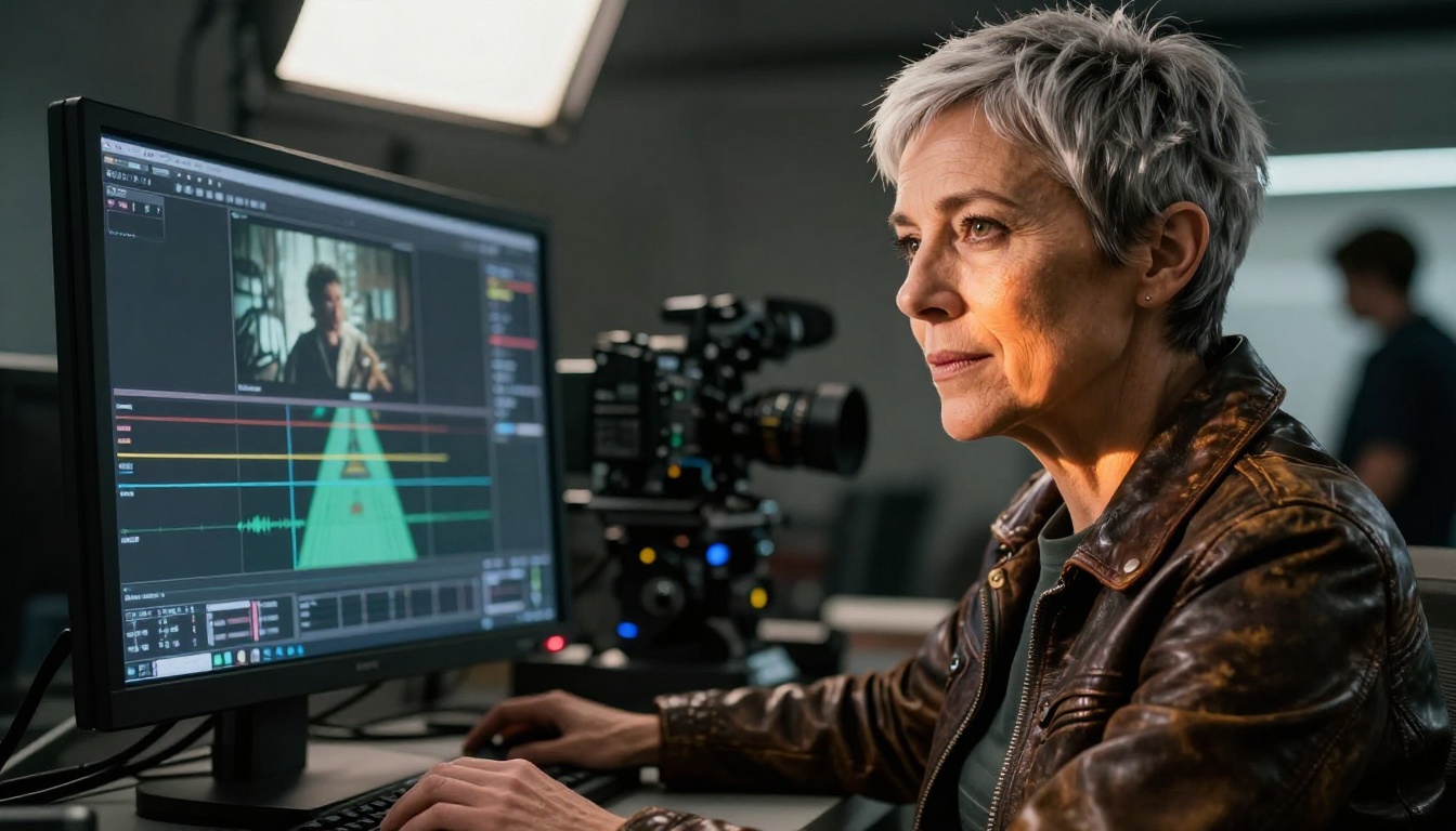 Professional female cinematographer standing beside a cinema color monitor on set Professional female cinematographer standing beside a cinema color monitor on set