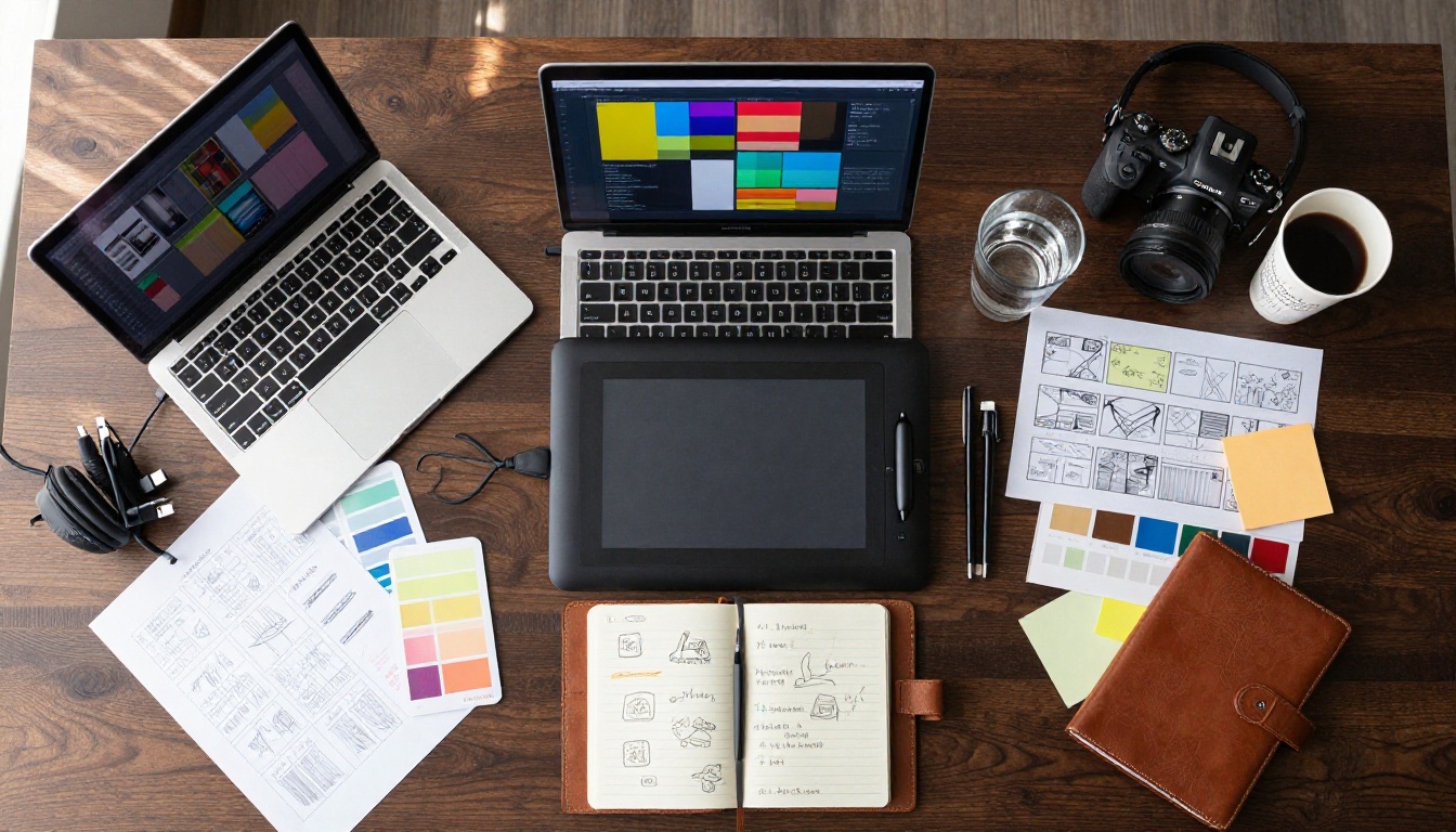 Aerial overhead flat-lay of creative professional workspace with laptop storyboards notebook camera and coffee