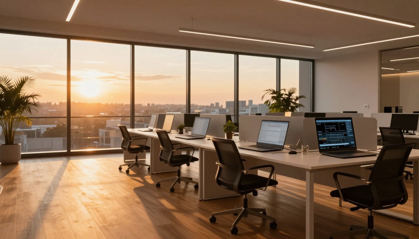 Modern co-working space at golden hour with laptops showing video timelines