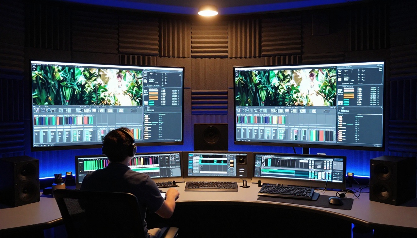 Color grading suite with split-screen video quality comparison on dual monitors Color grading suite with split-screen video quality comparison on dual monitors
