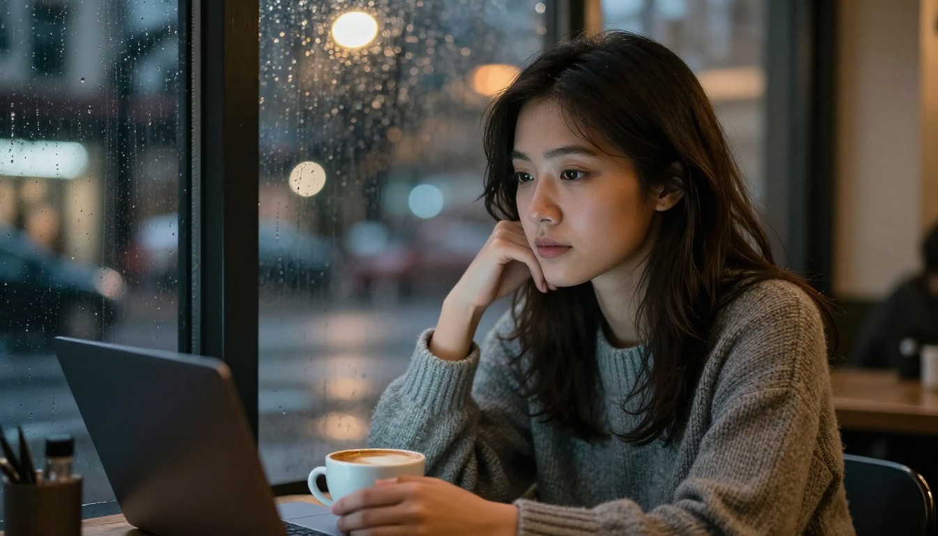 A woman sitting by a rain-streaked cafe window at night