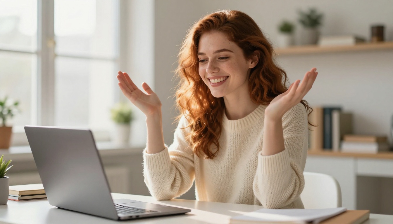 Cheerful young woman creator celebrating at laptop with natural morning window light