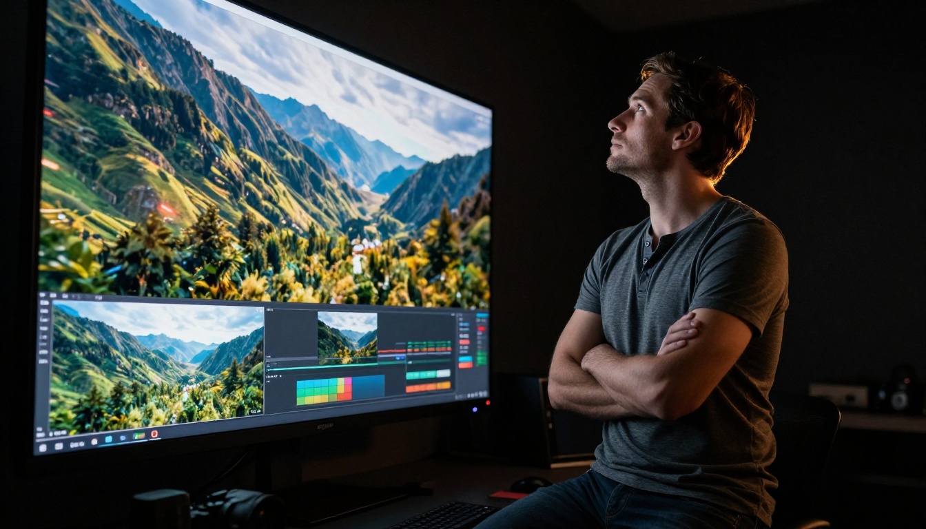 Professional video editor standing in front of large wall-mounted display showing cinematic footage low angle shot