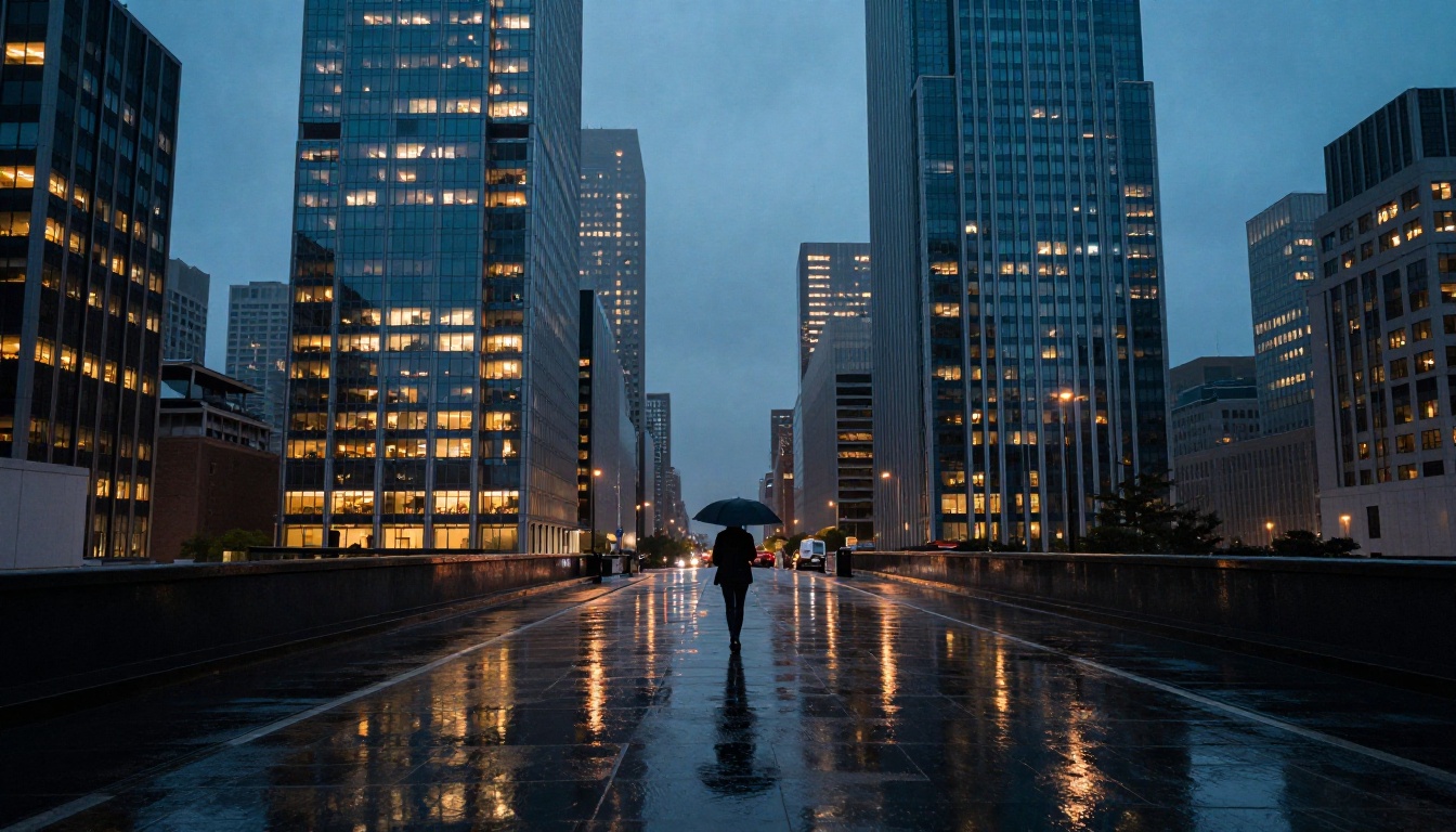 Wide urban skyline at blue hour with wet street reflections