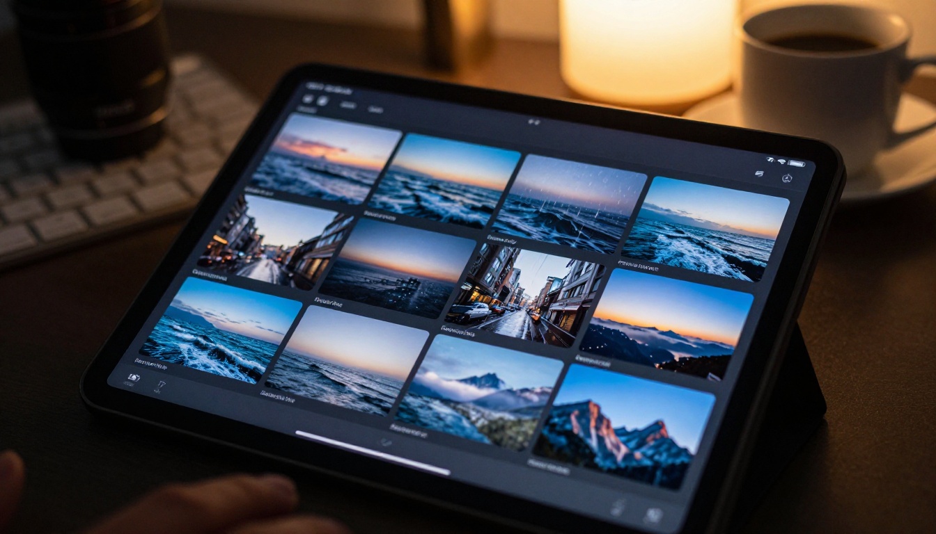 Tablet screen showing AI-generated cinematic video thumbnail gallery on dark desk