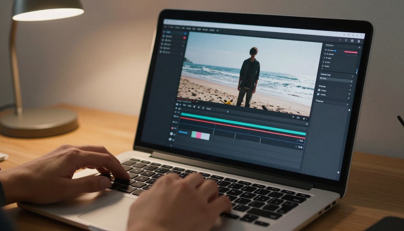 AI video generation interface showing timeline controls and a cinematic preview on a laptop screen