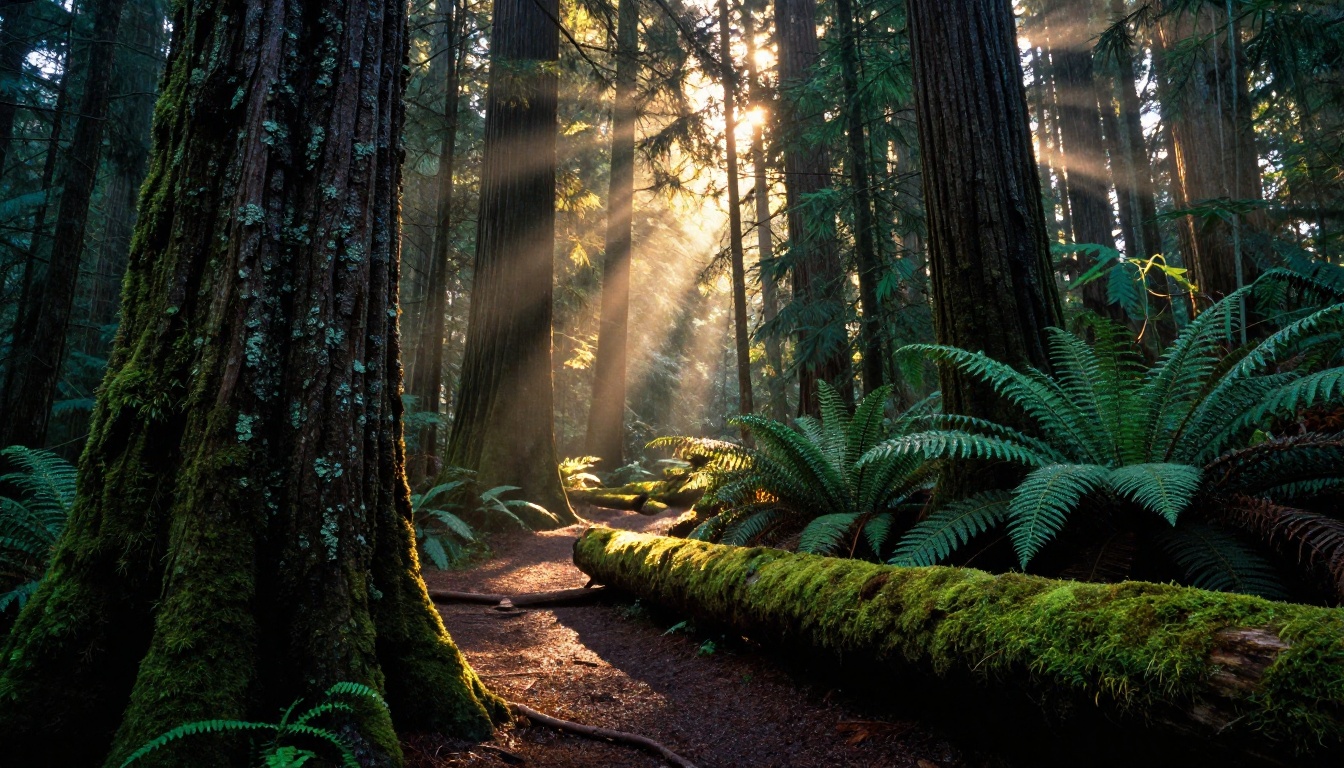 Dense old-growth forest floor with morning light shafts and mist Dense old-growth forest floor with morning light shafts and mist